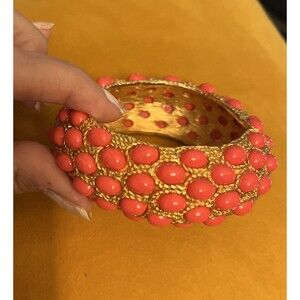 Vintage Whiting & Davis Coral Oval Cabochon Chunky Hinged Bangle Bracelet As Is